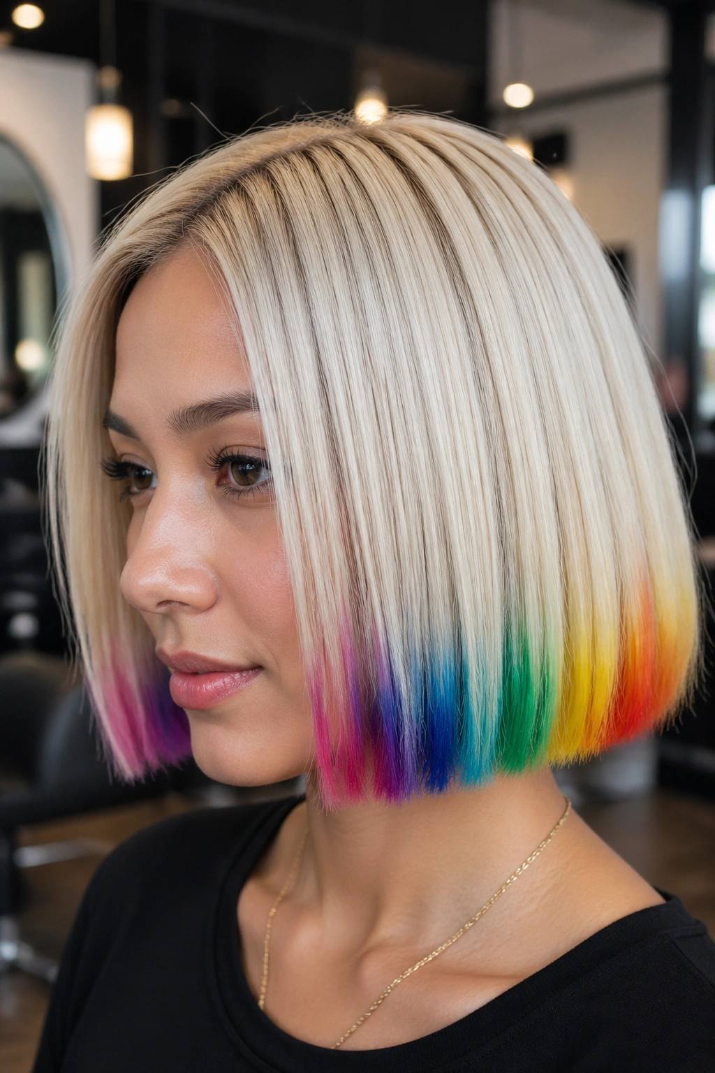 Portrait of a woman with a platinum bob and rainbow tips.