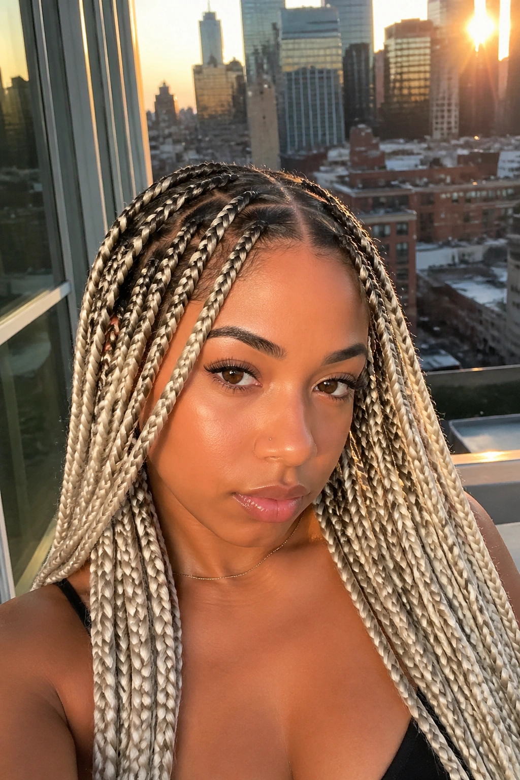 Head-and-shoulders portrait of a real person with rooted platinum blonde braids and crisp parts