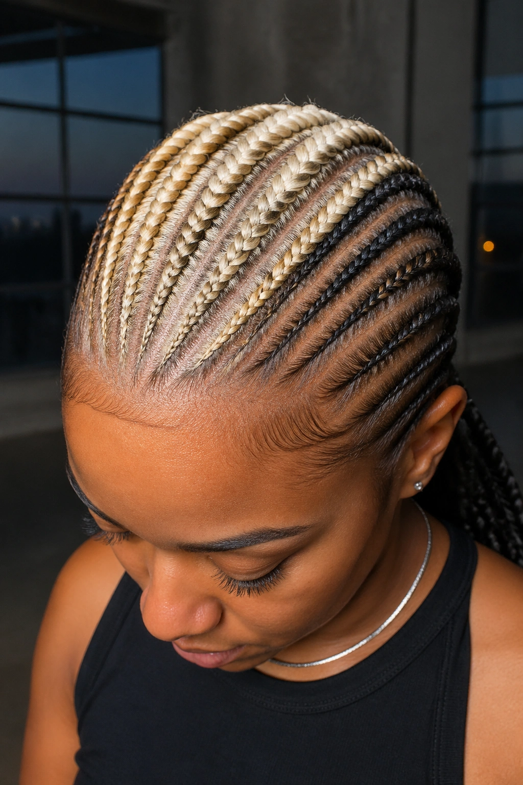 Portrait of a real person with platinum mohawk center strip cornrows and dark-sides