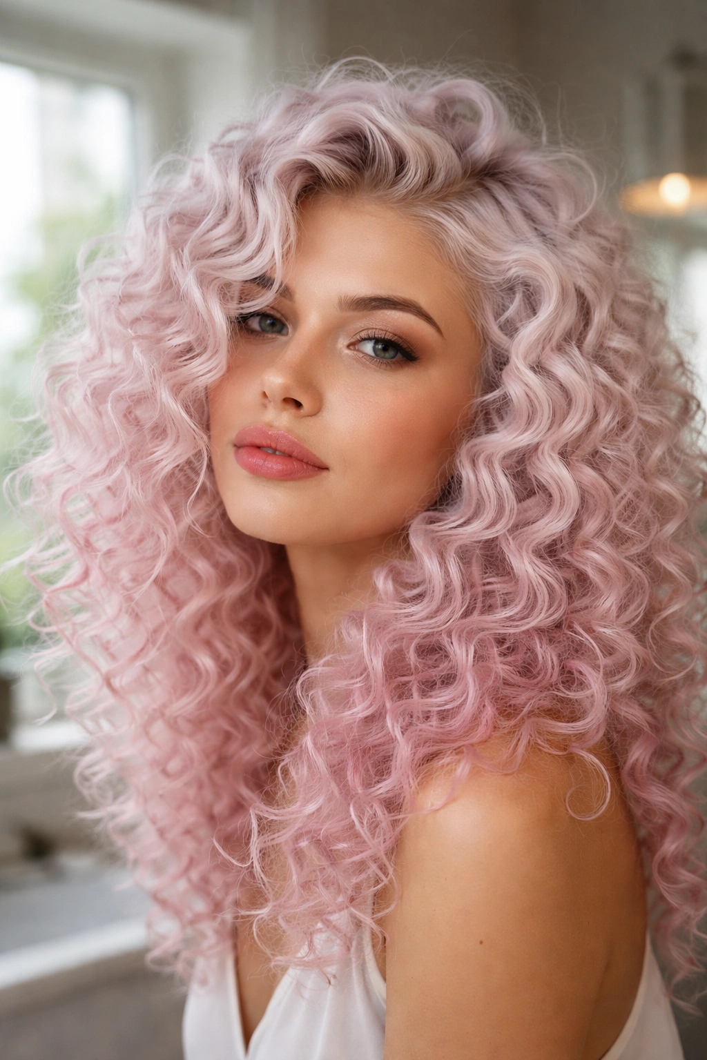 Close-up of a real woman with platinum curls tinted pink toner in soft light.