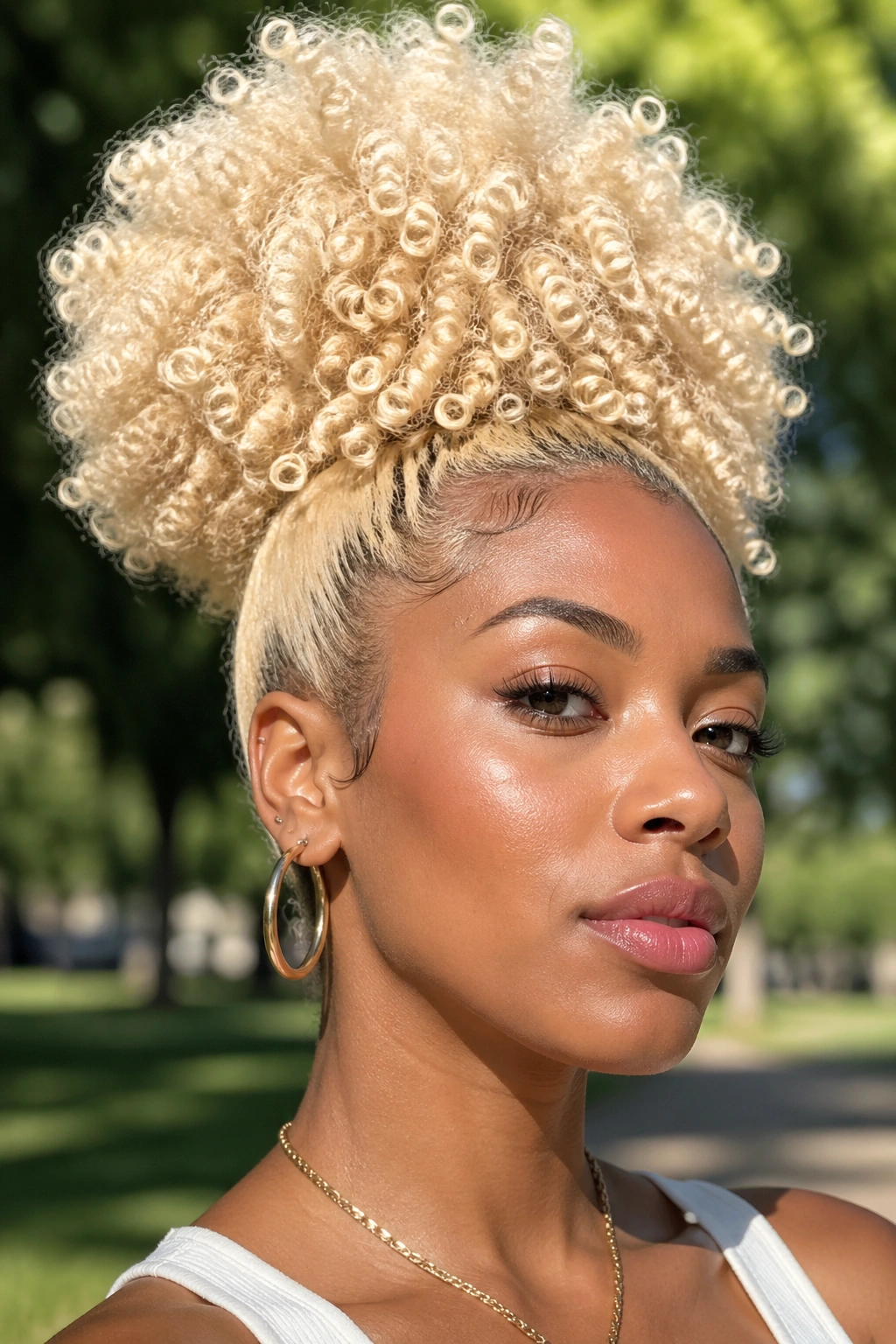 Close-up of a real woman with platinum curly puff hairstyle in natural daylight outdoors.