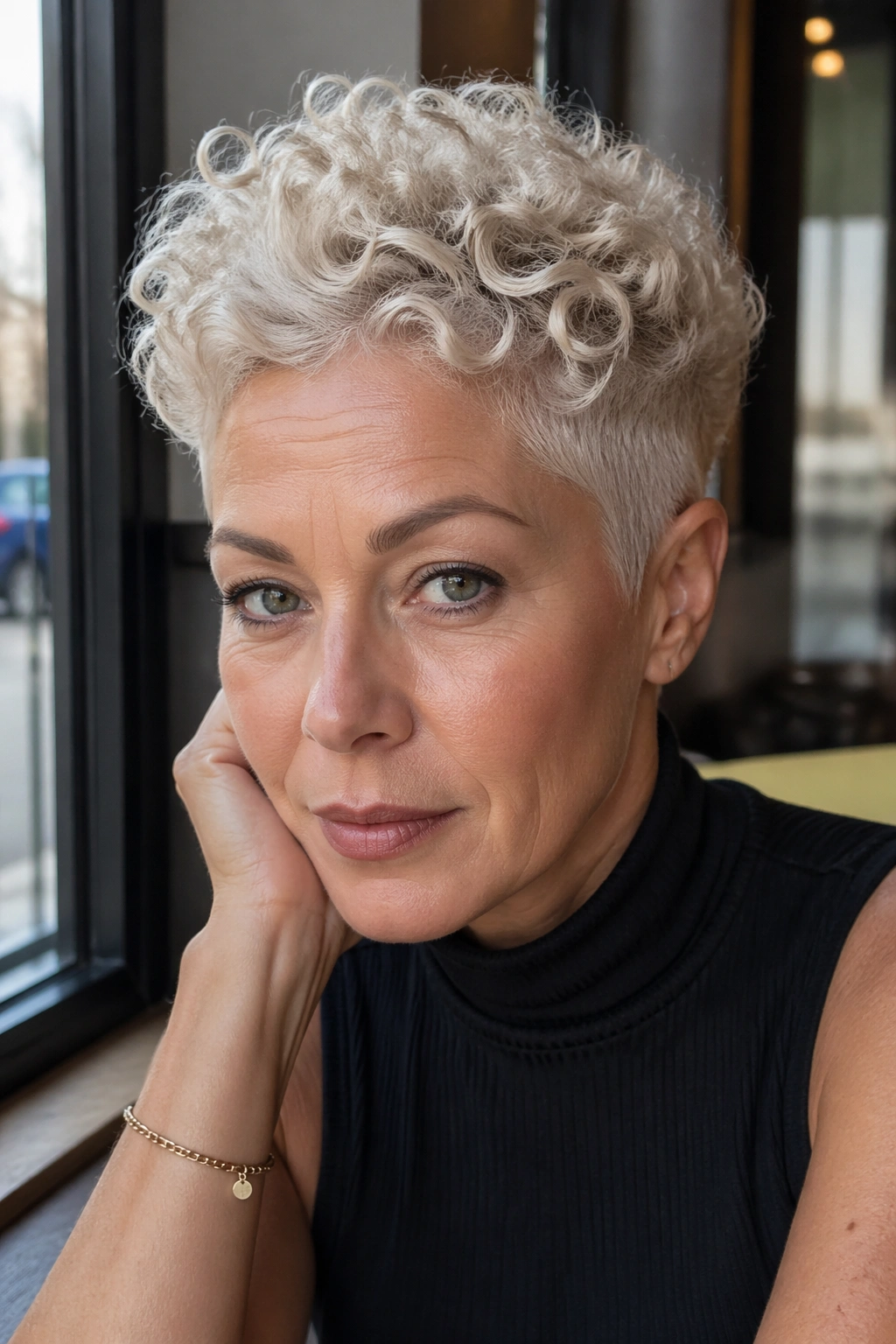 Close-up of a real woman with a platinum tapered curly crop showing tapered nape and lifted top.