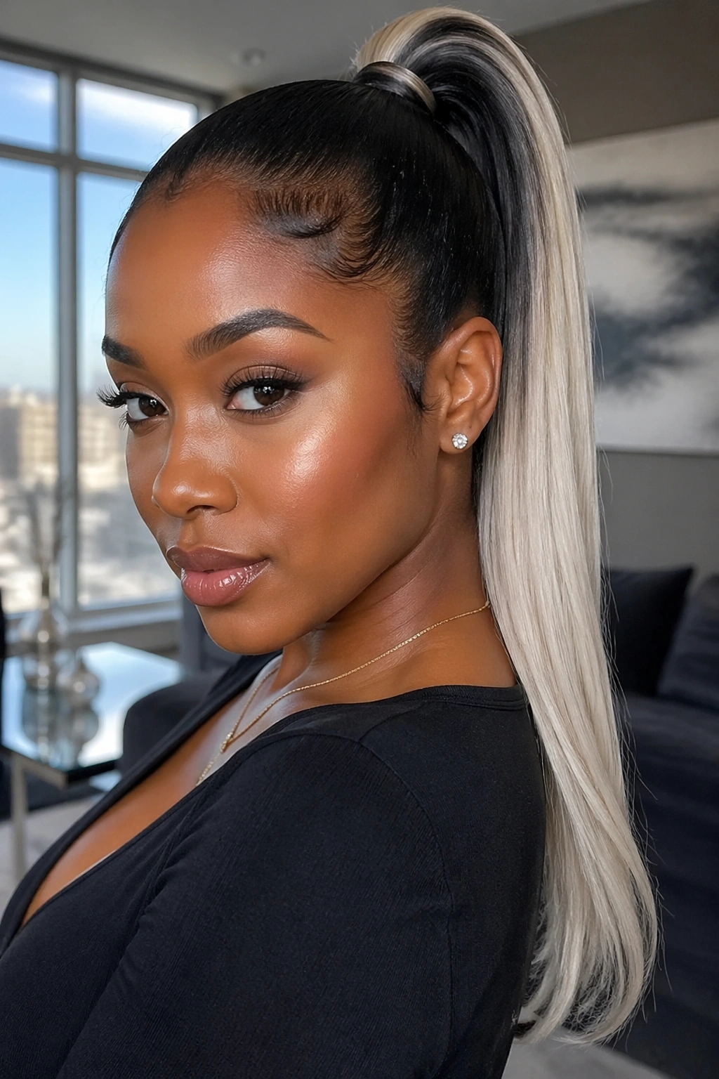 Real woman with platinum-dipped ponytail featuring dark roots and platinum ends