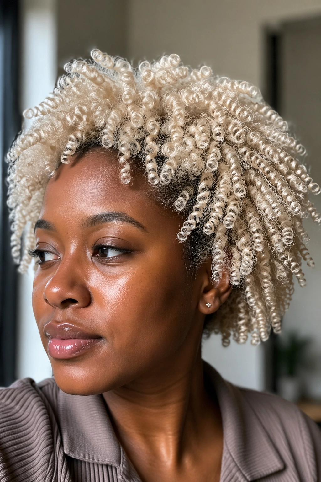 Close-up of a real woman with platinum 4C wash-and-go curls in natural light