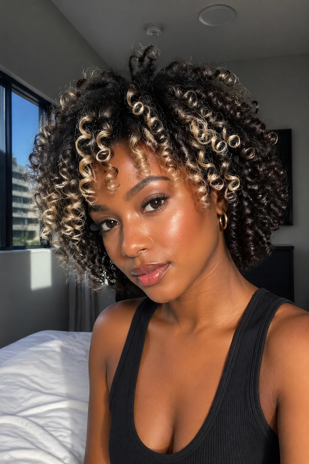 Close-up of a Black woman's curls with platinum highlights in natural lighting