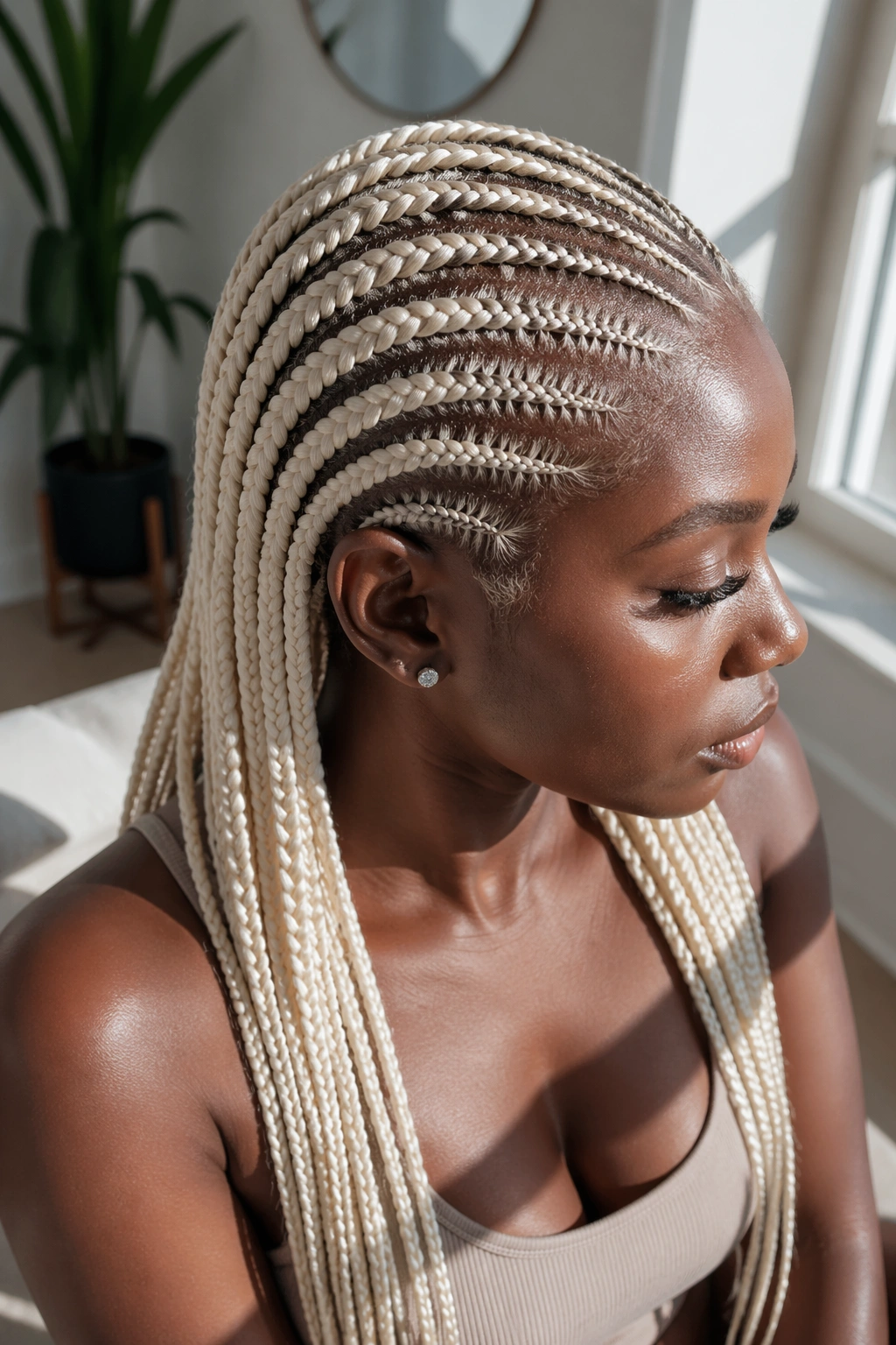 Close-up of platinum knotless cornrows on deep skin