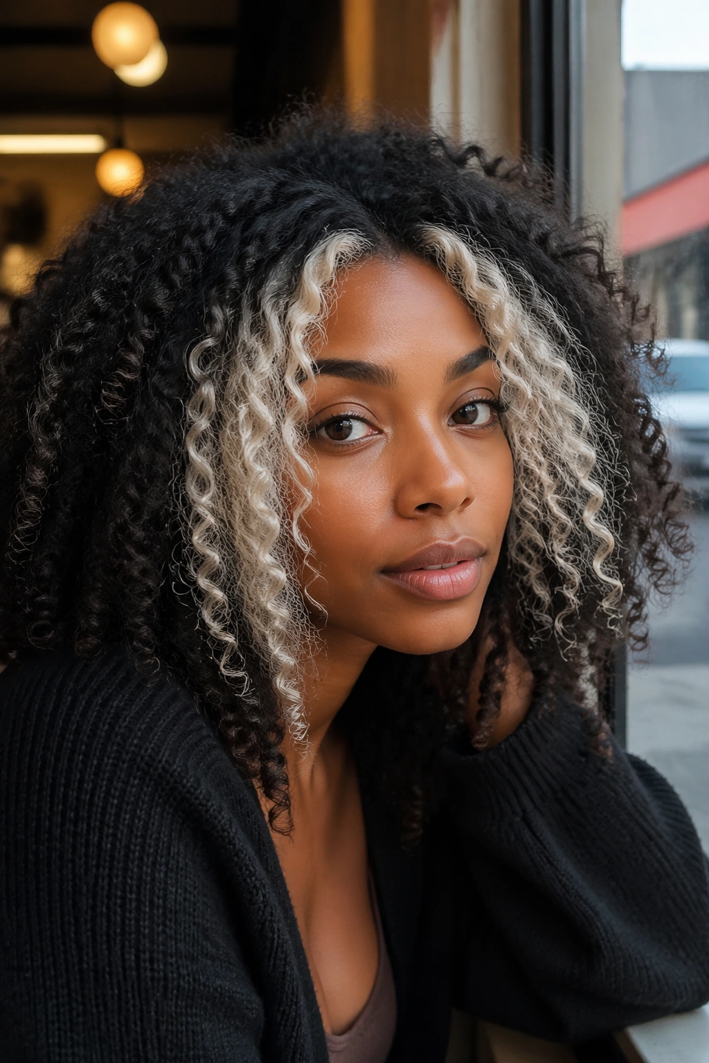 Close-up of a real woman with platinum money piece on natural hair