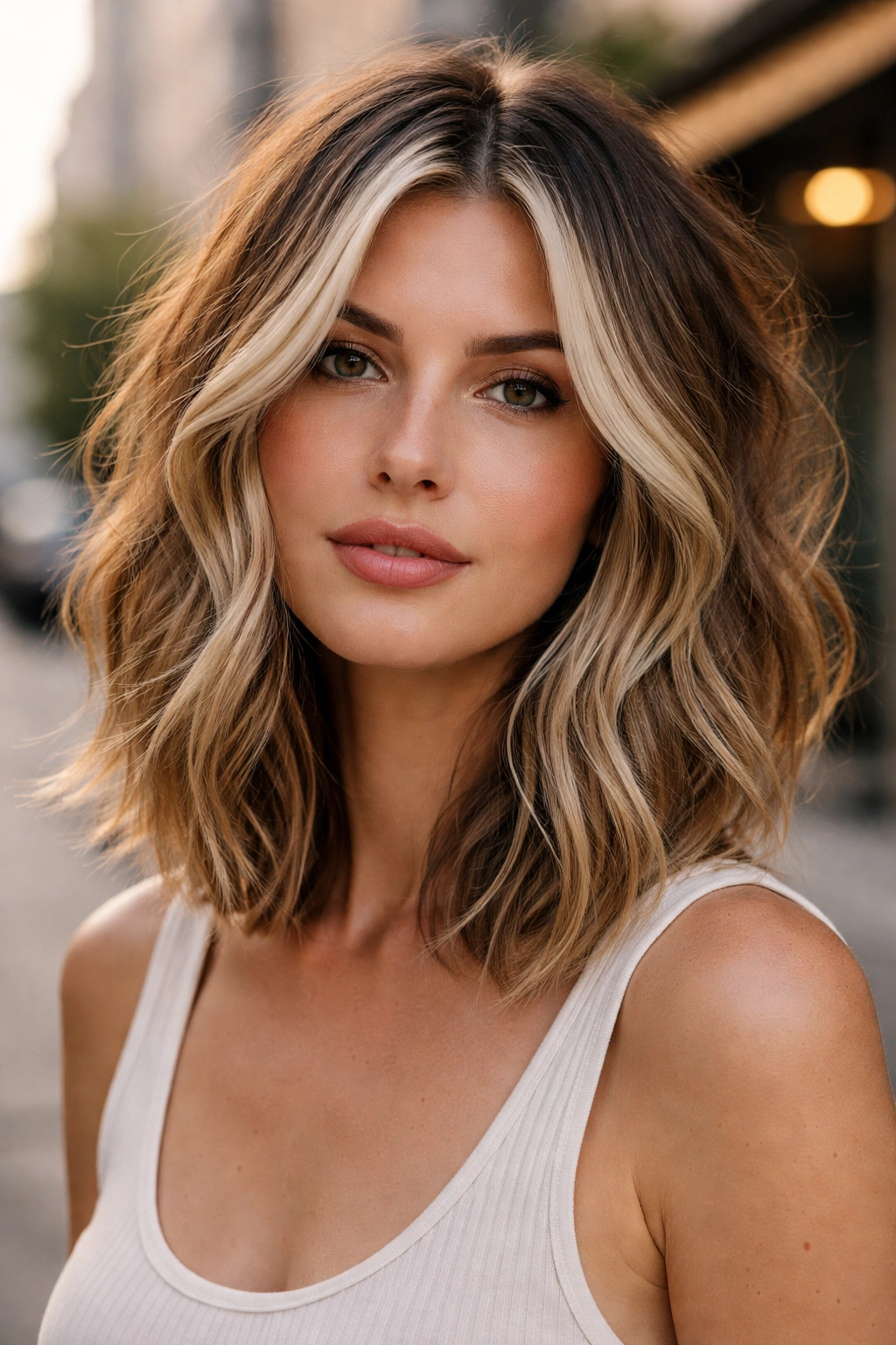 Portrait of a real woman with choppy long bob and platinum money pieces