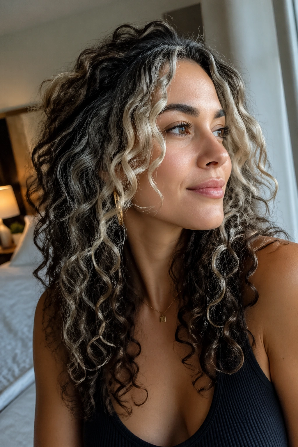 Close-up of platinum money pieces framing a curly hairstyle on a real person