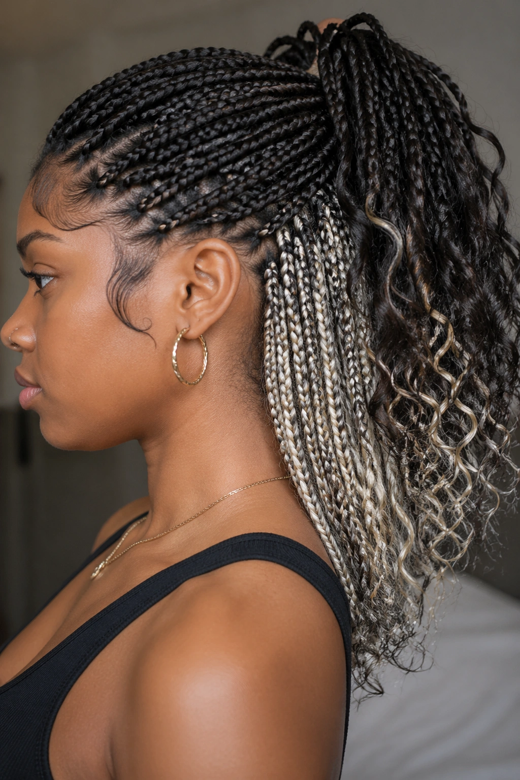 Side profile of a woman showing platinum streaks at the nape in knotless braids with curly ends.