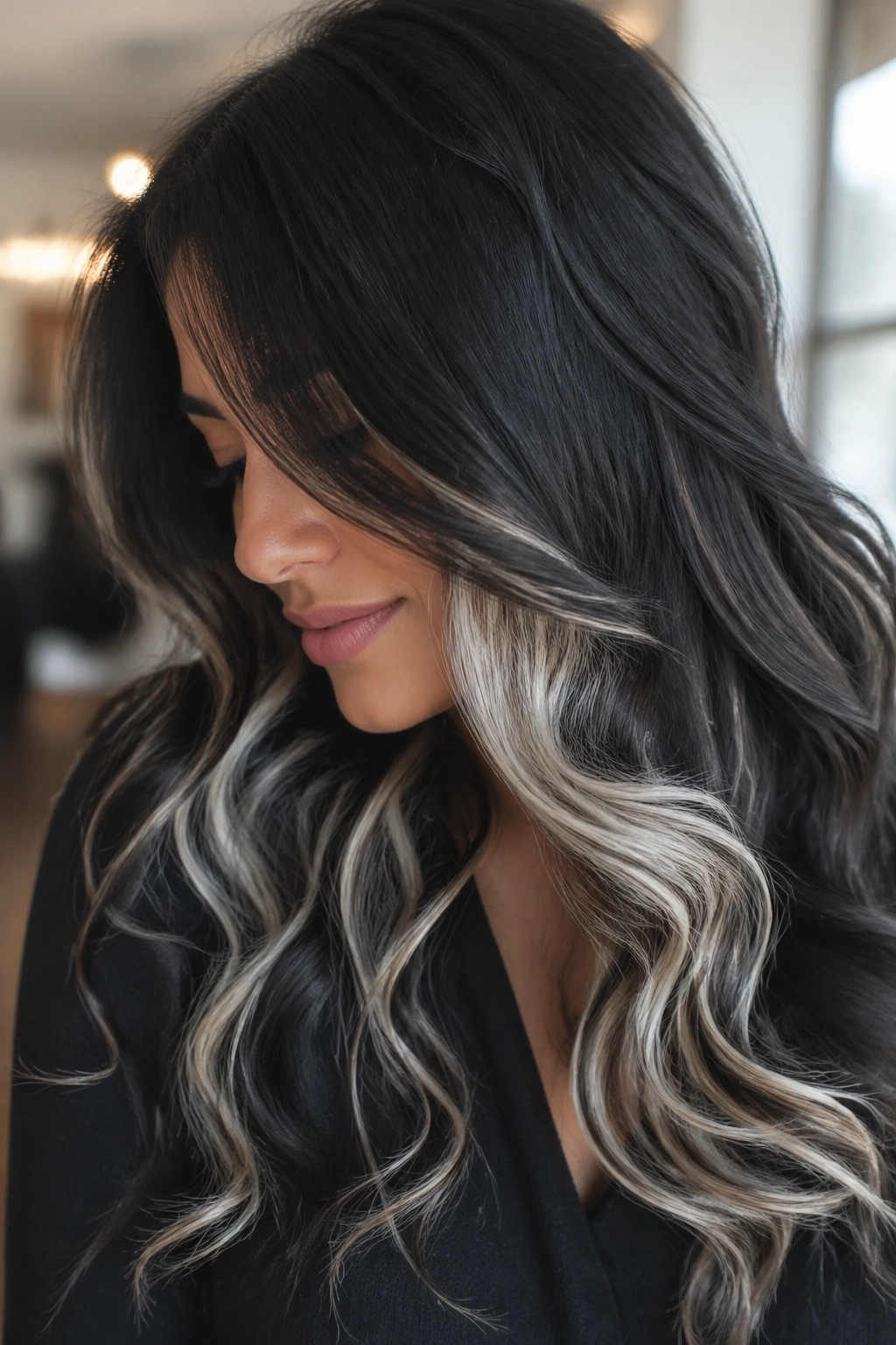 Dark wavy hair with platinum peek-a-boo pieces visible during movement