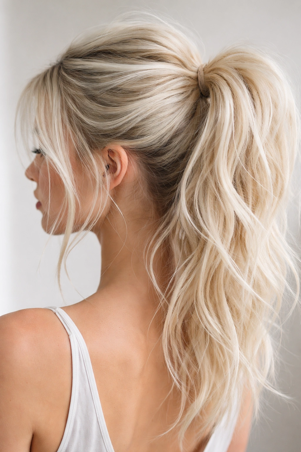Platinum blonde crown pony with piecey texture and ridges