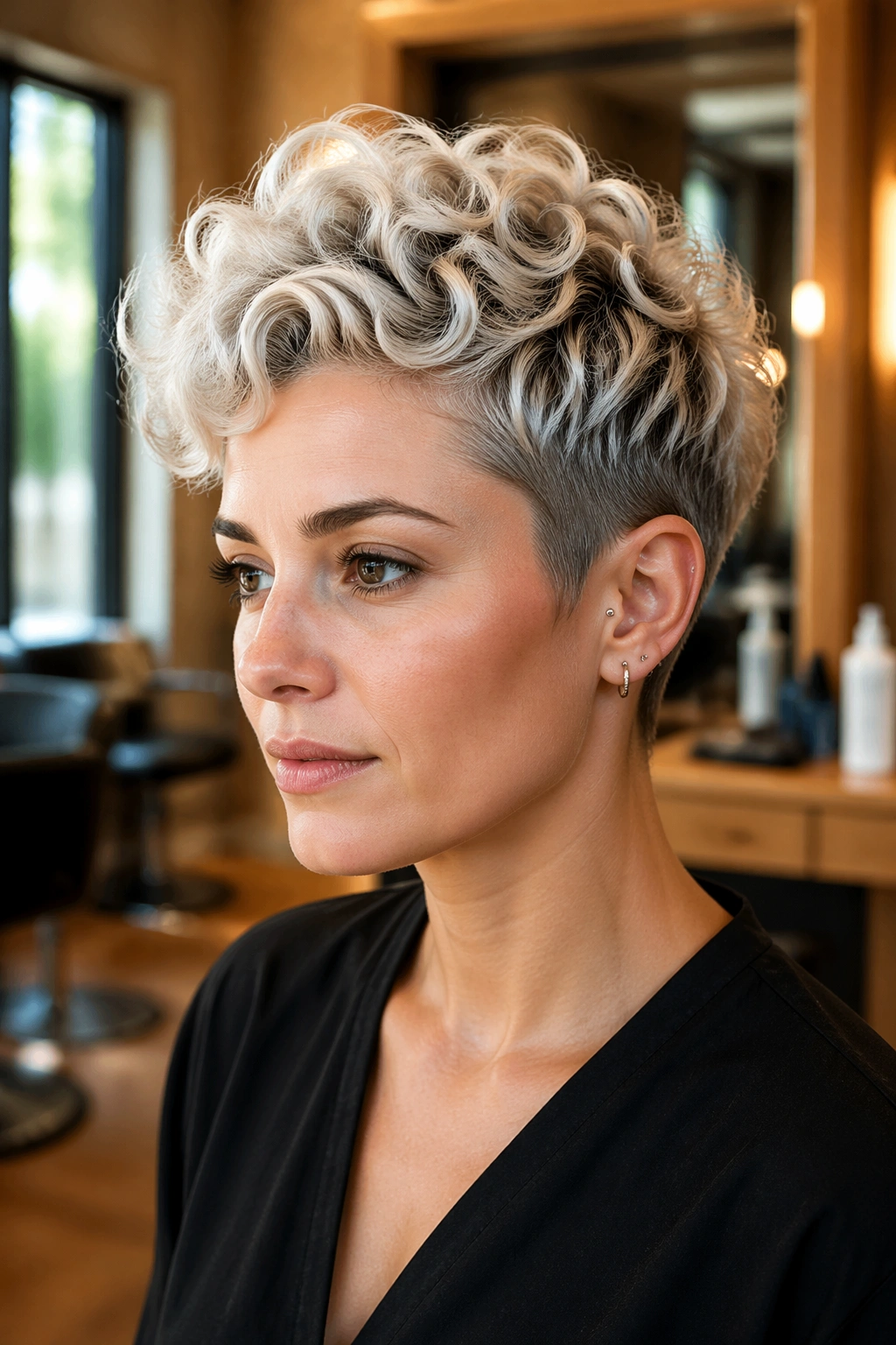 Close-up of real person with platinum curly pixie undercut and shadow roots.