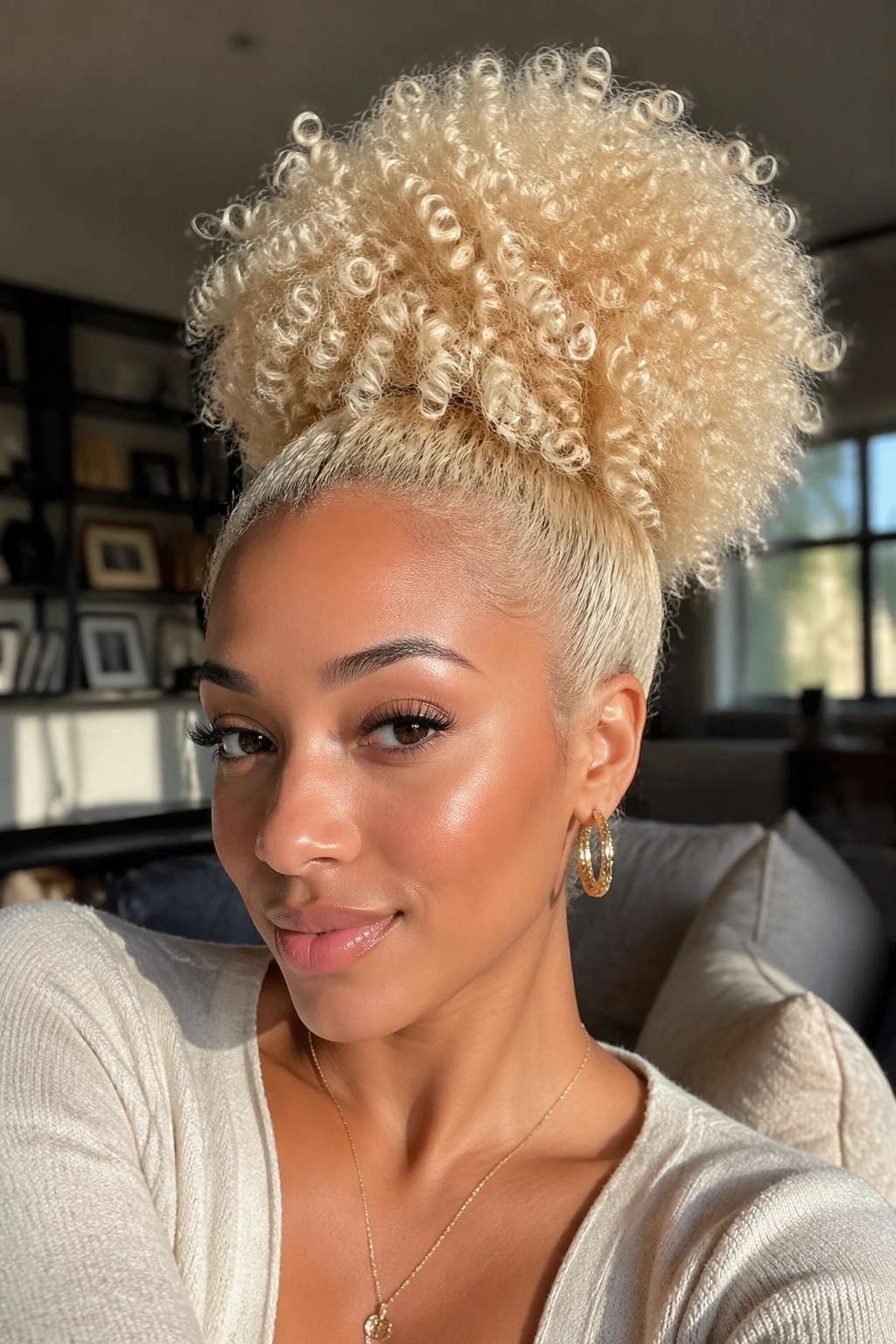 Close-up of a real woman with a voluminous platinum puff hairstyle