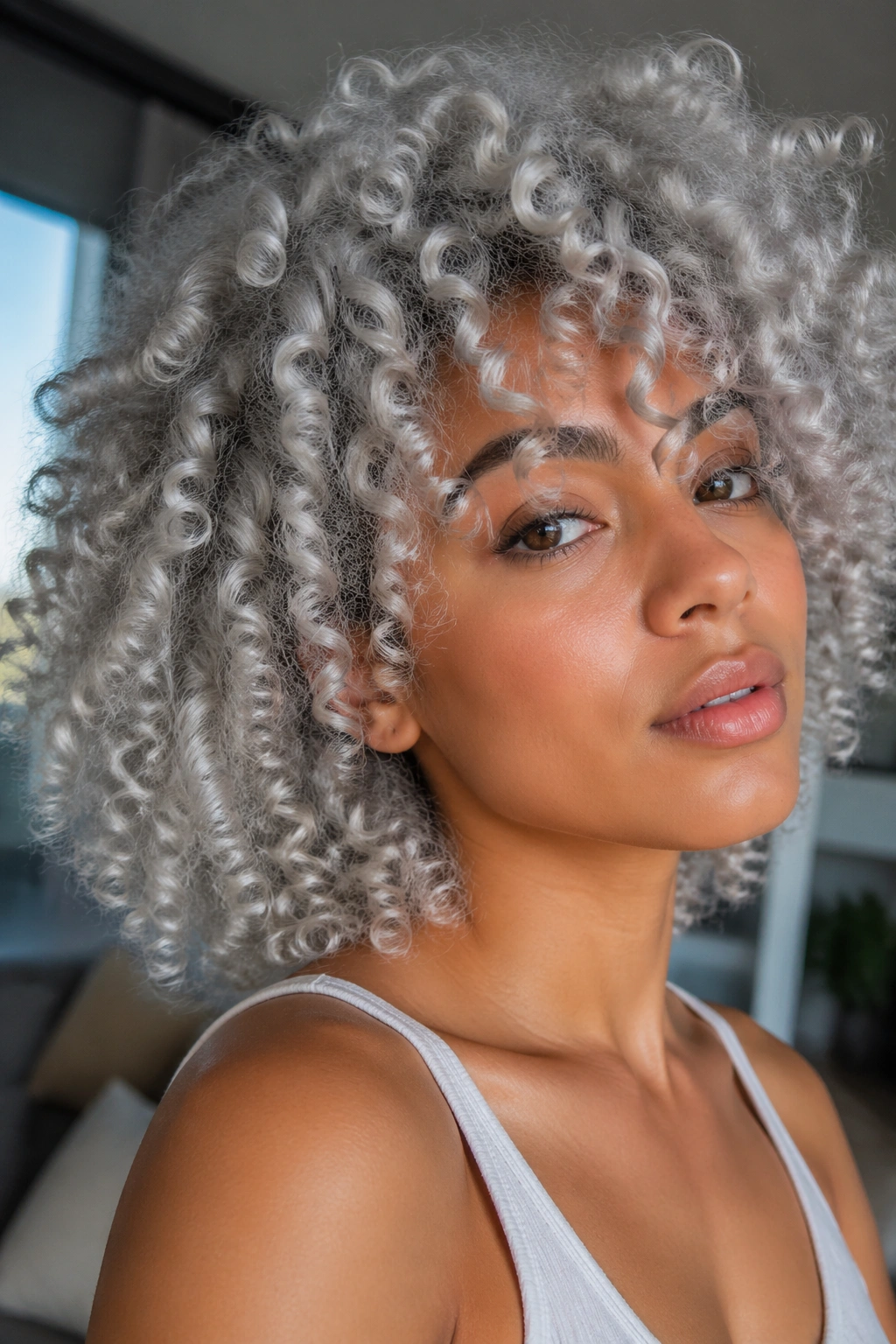 Close-up of a real person with platinum silver curls.