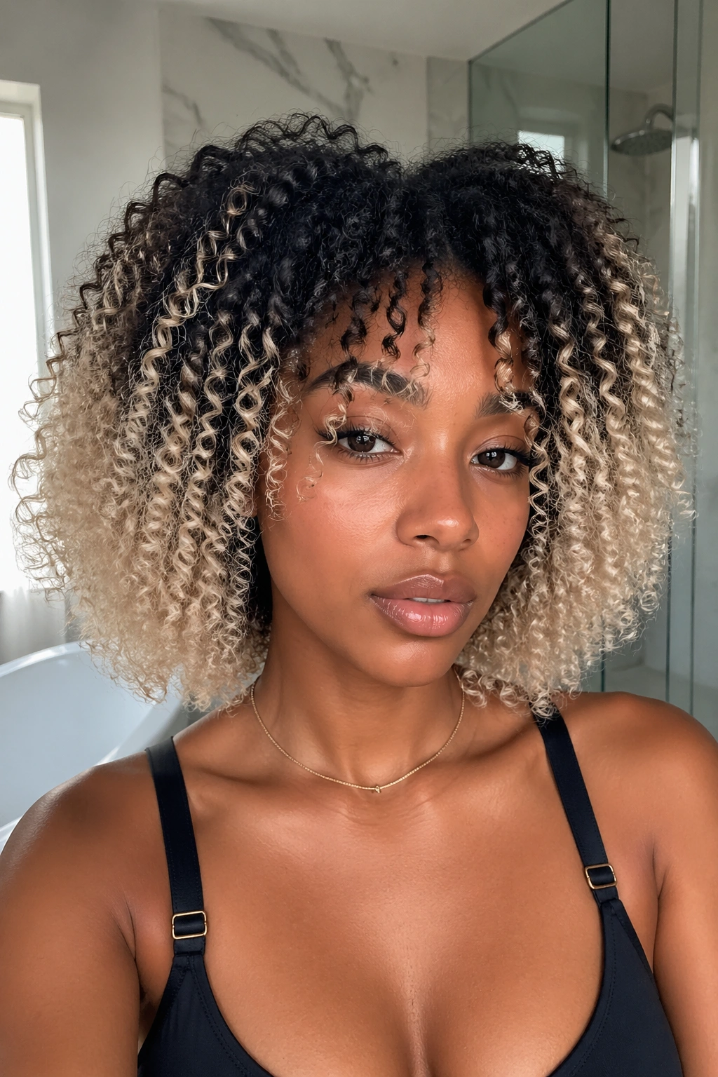 Close-up of a real woman with platinum tips on dark natural roots in bright light