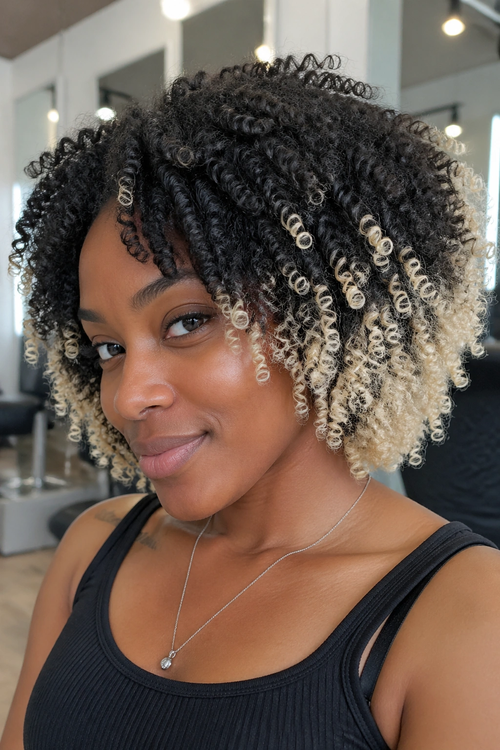 Close-up of a Black woman with platinum-tipped natural hair