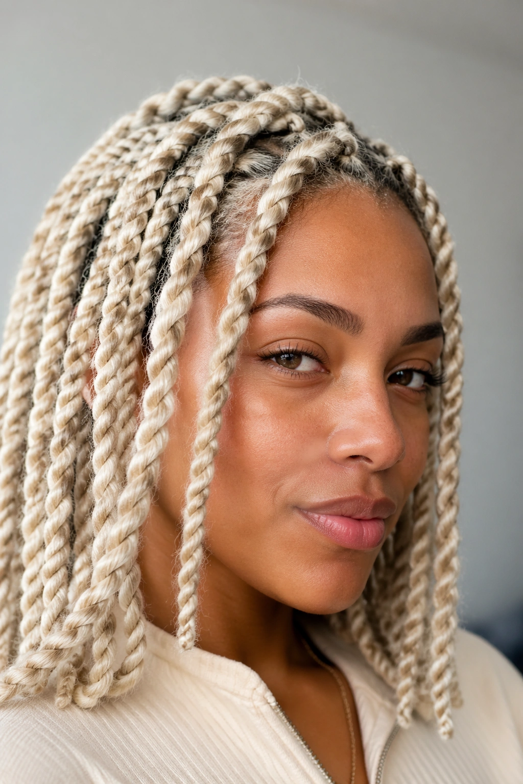 Close-up of platinum two-strand twists on a real person showing rope-like twists