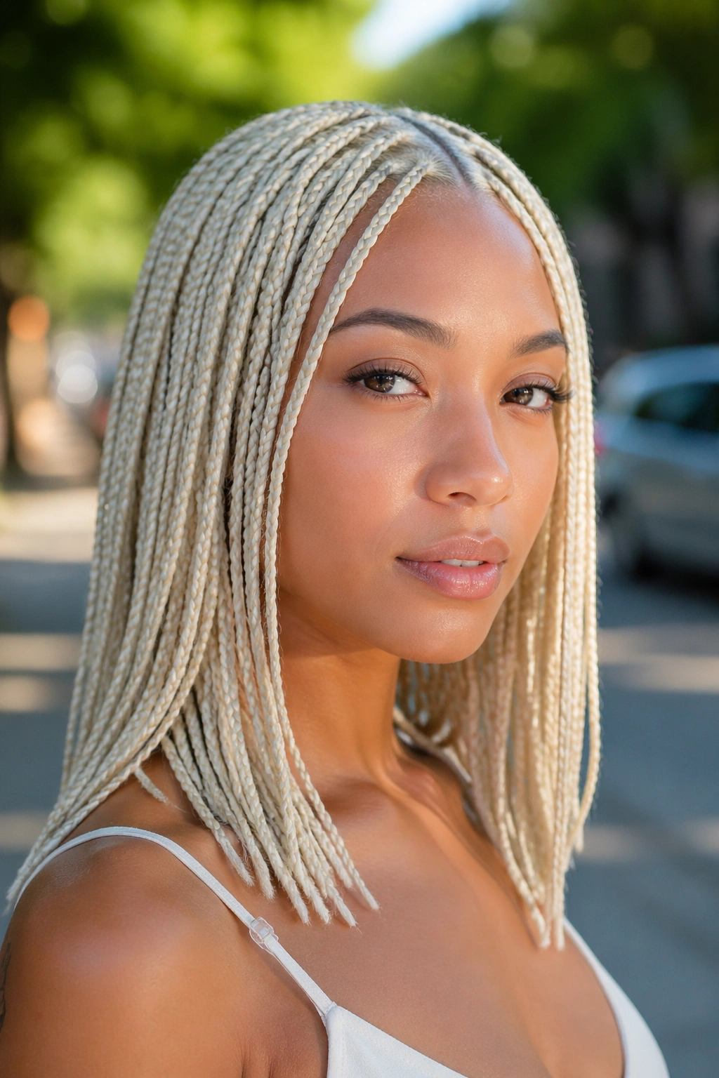 Close-up of platinum white small box braids on a real woman