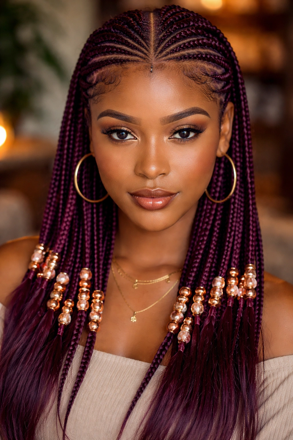 Fulani cornrows with plum color and copper beads, center parting
