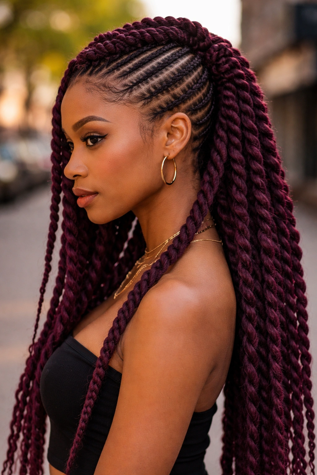 Real person with plum cornrow Mohawk and long plum twists