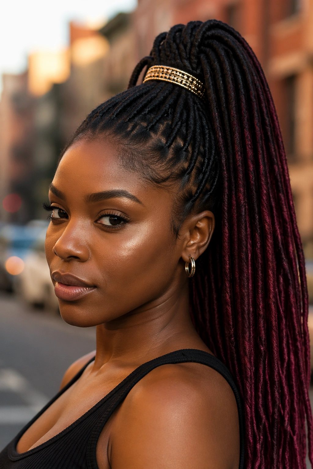 Close-up of a real woman with plum ombre faux loc ponytail in golden hour light