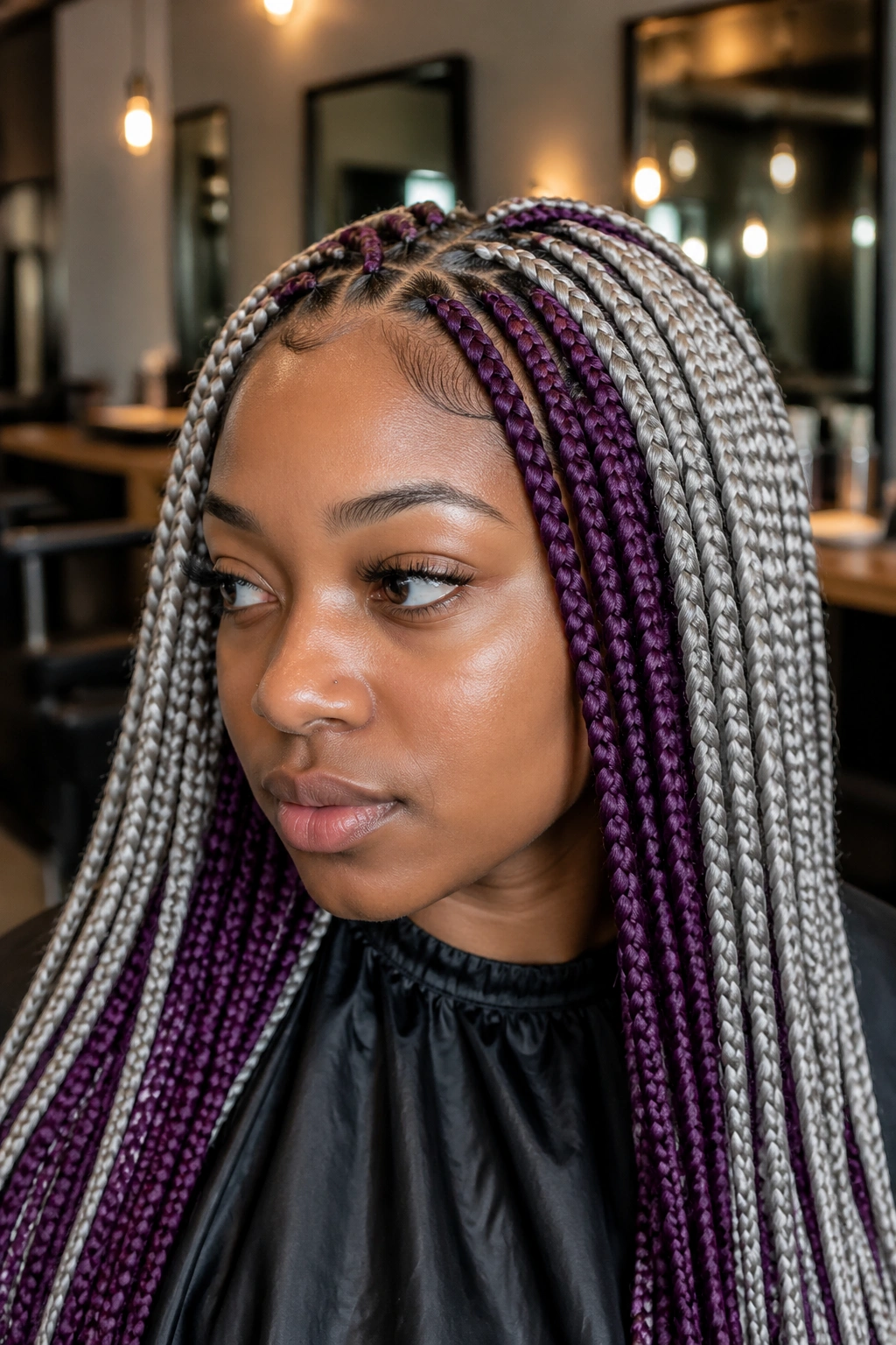 Close-up of a real person with deep plum panels woven through silver braids.