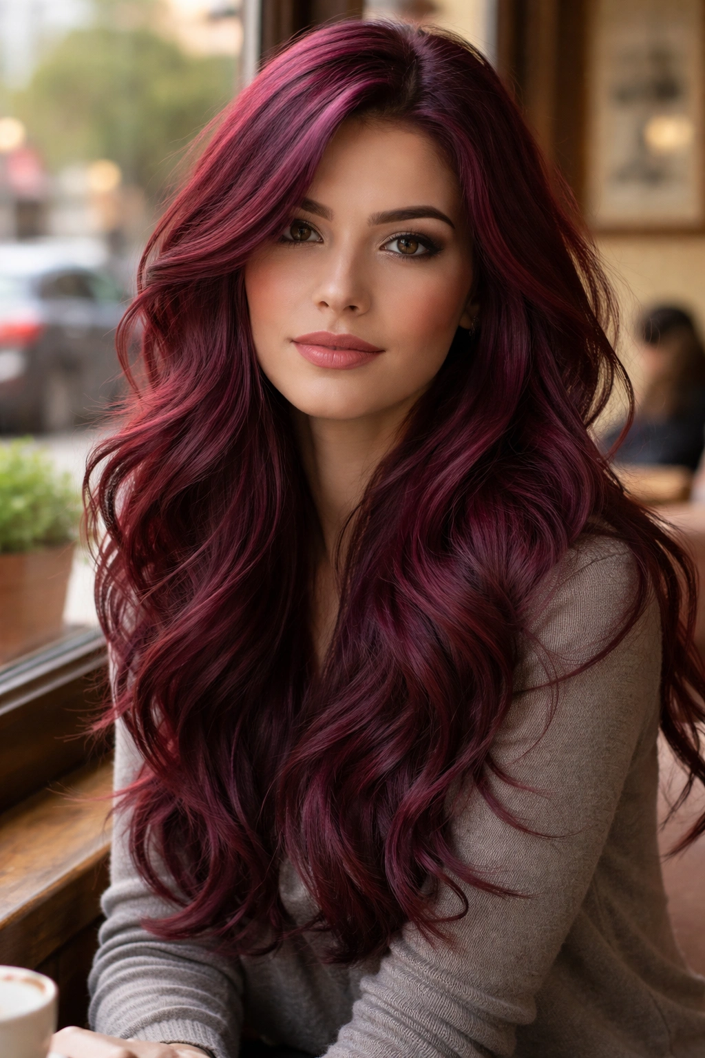 Close-up of a real woman with plum red wavy layers