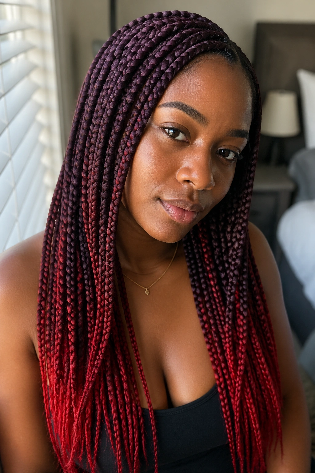 Close-up of a real person with deep plum roots and cherry red ends in box braids