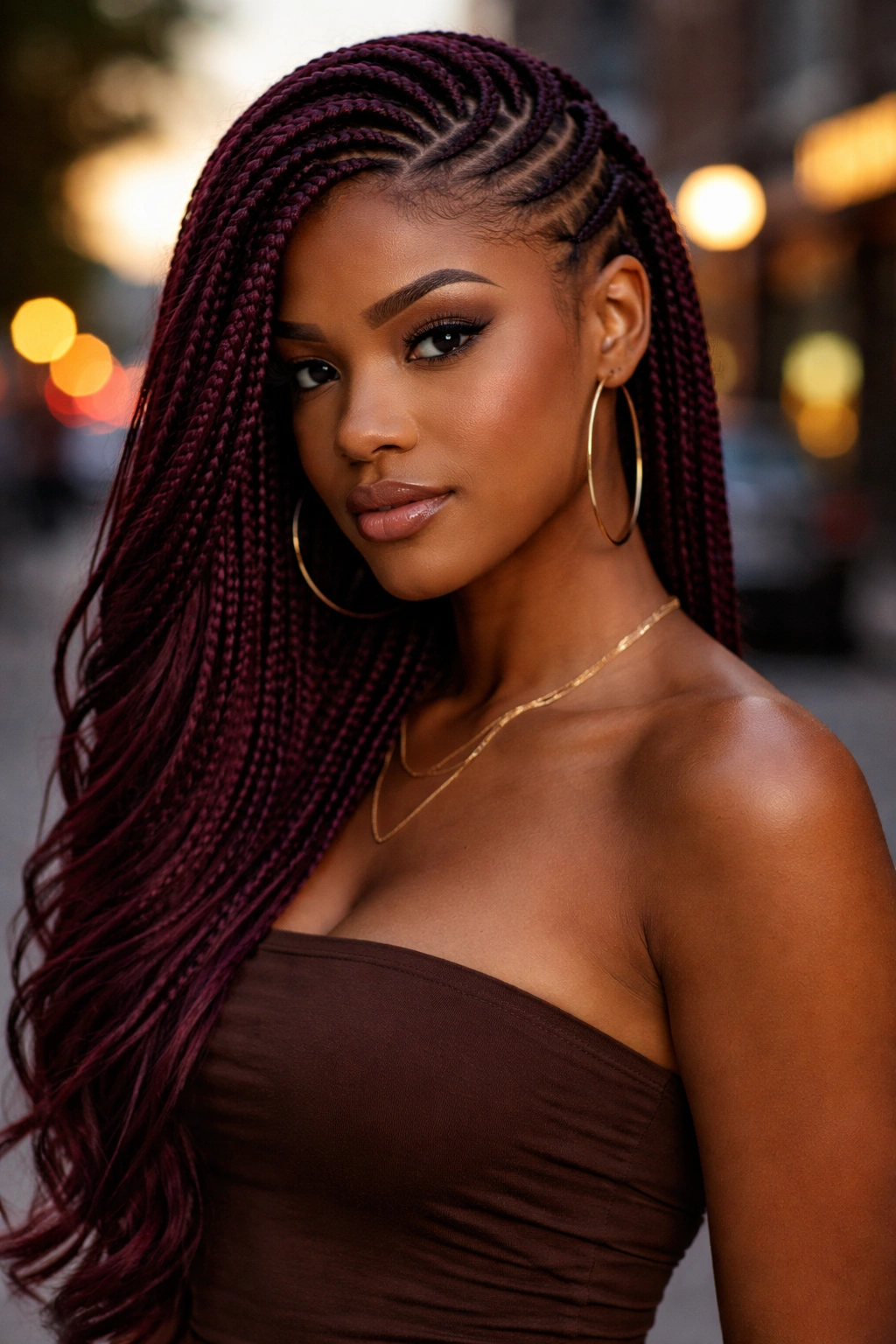 Close-up of plum side-swept cornrows on a real person