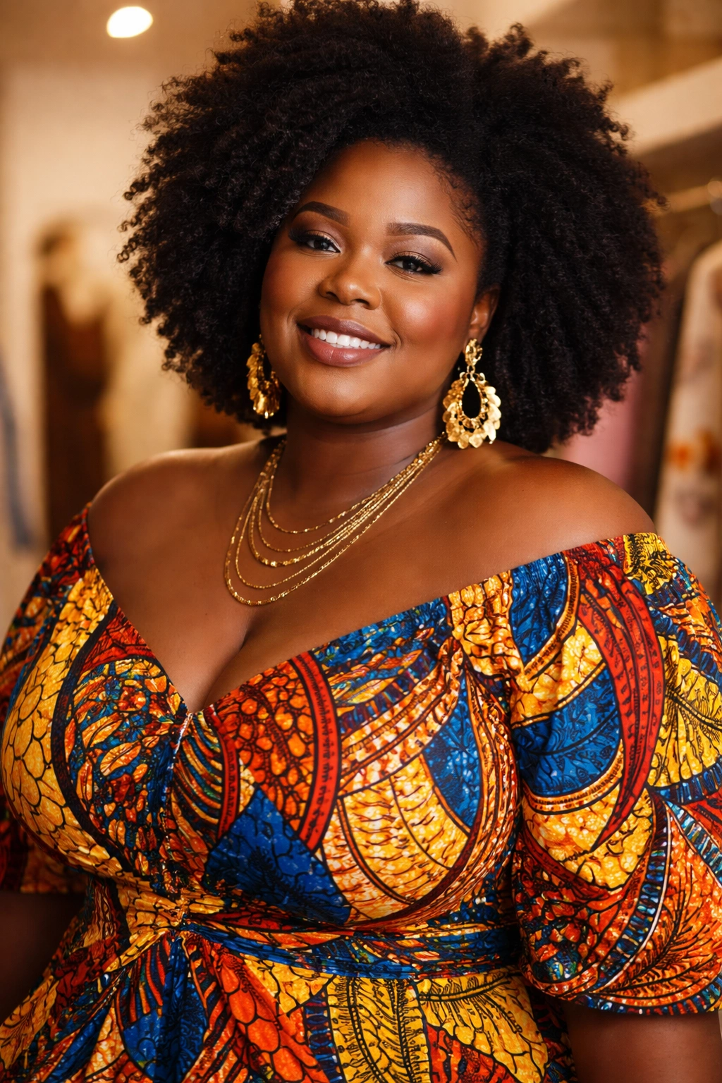 Close-up portrait of a confident plus-size woman in Afro-inspired outfit