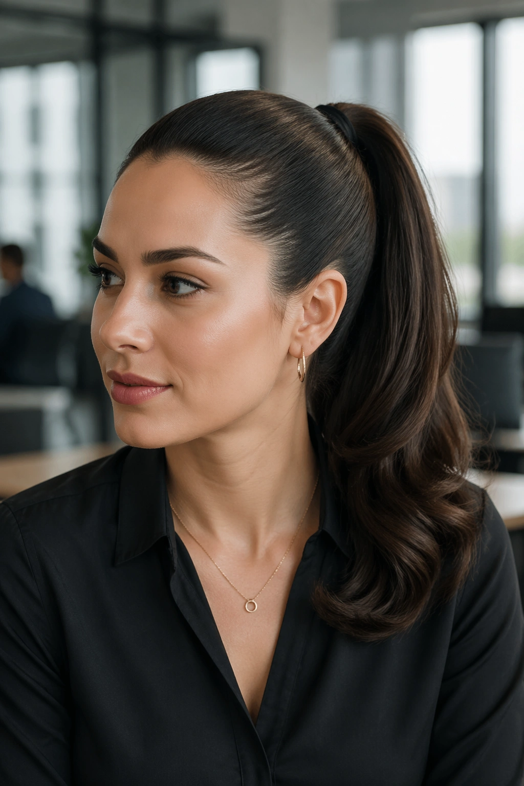 Close-up of a real woman with a polished high ponytail in an office setting