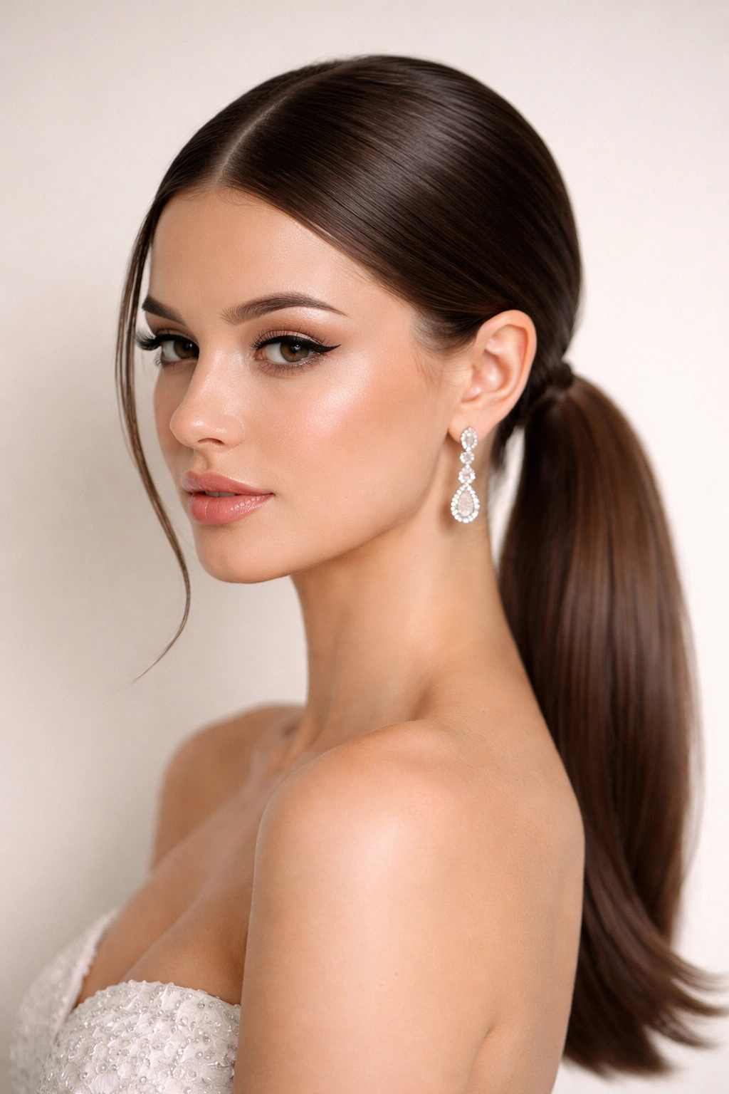 Polished low pony with center part and sleek, flat hair at the nape.