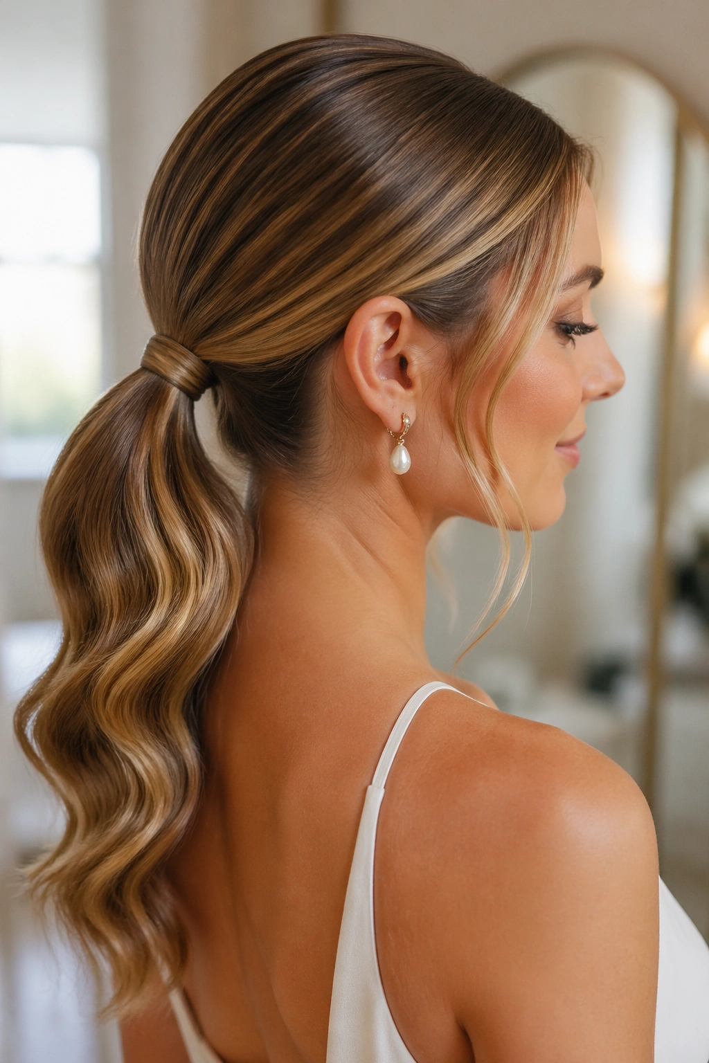 Close-up of a real woman with a polished low ponytail and waves at the nape