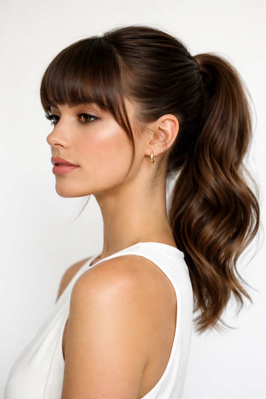 Polished mid ponytail with blunt bangs