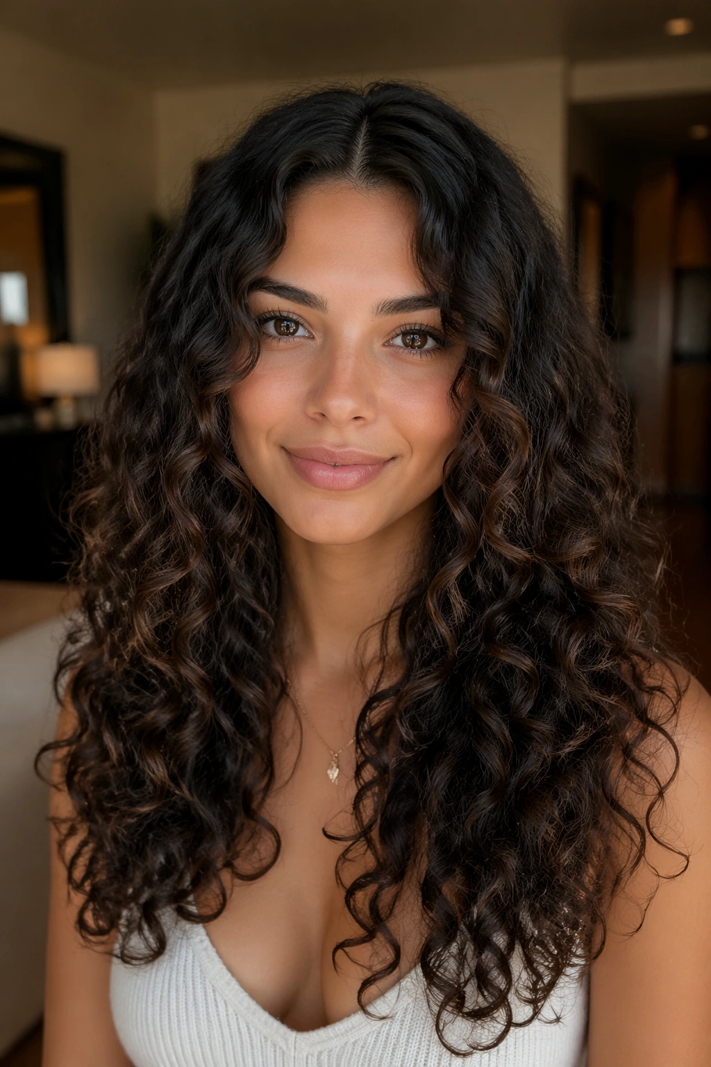 Close-up portrait of a real woman with a polished middle part and layered curls.