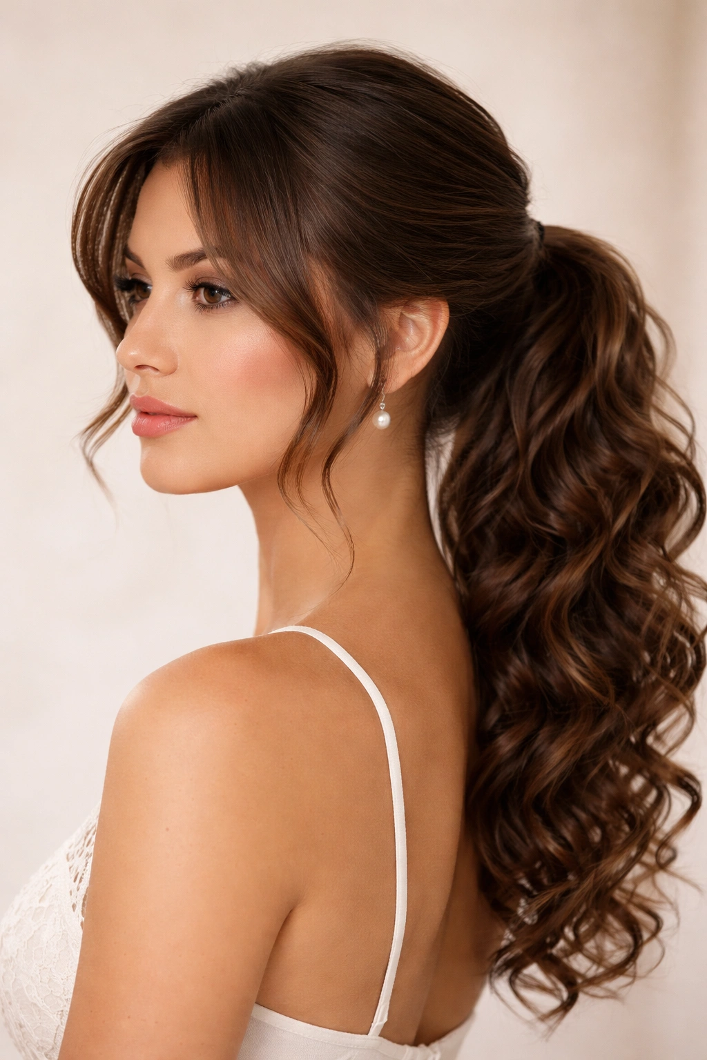 Polished low ponytail with soft curtain bangs framing the face.