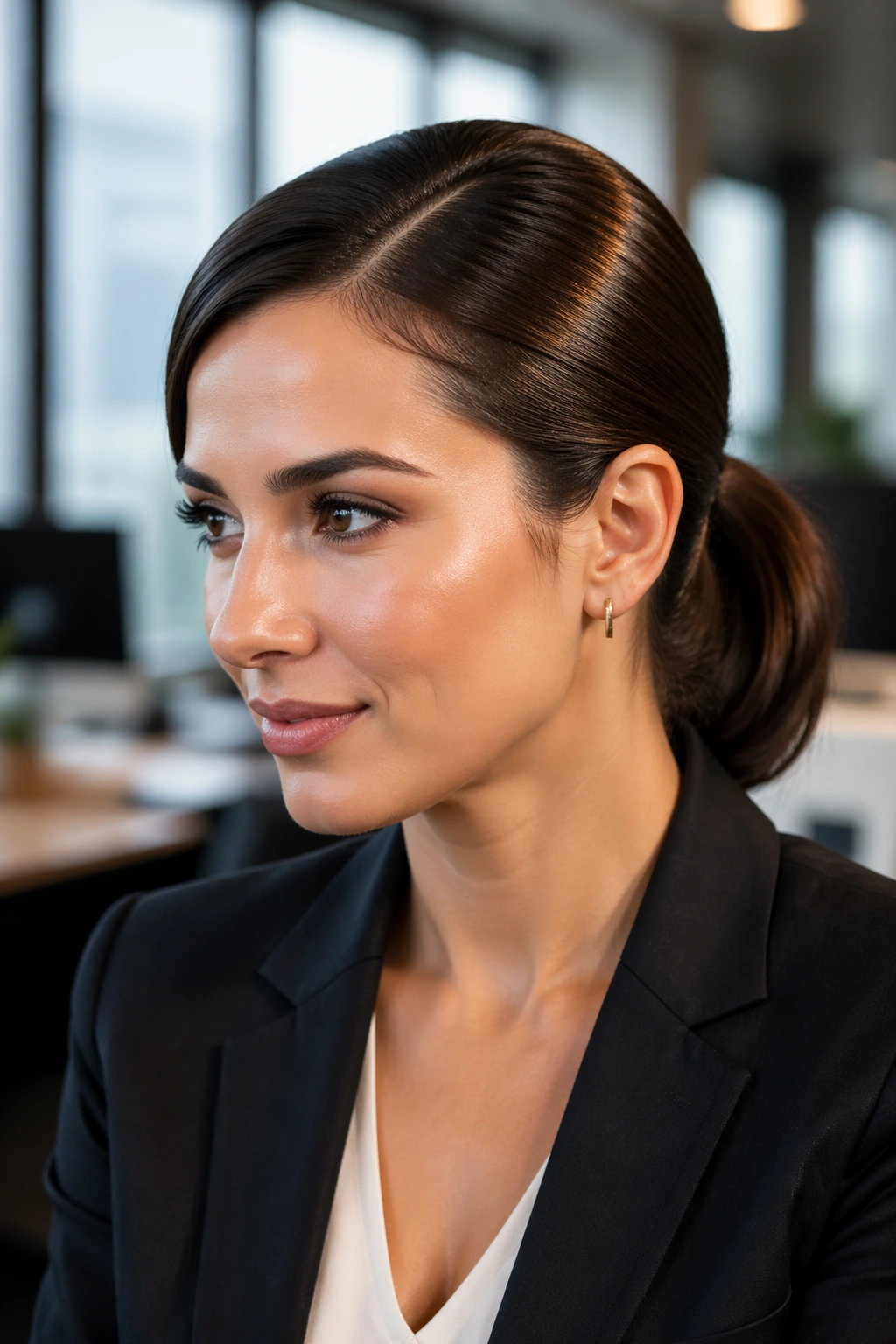 Portrait of a woman with a deep side part and polished ponytail