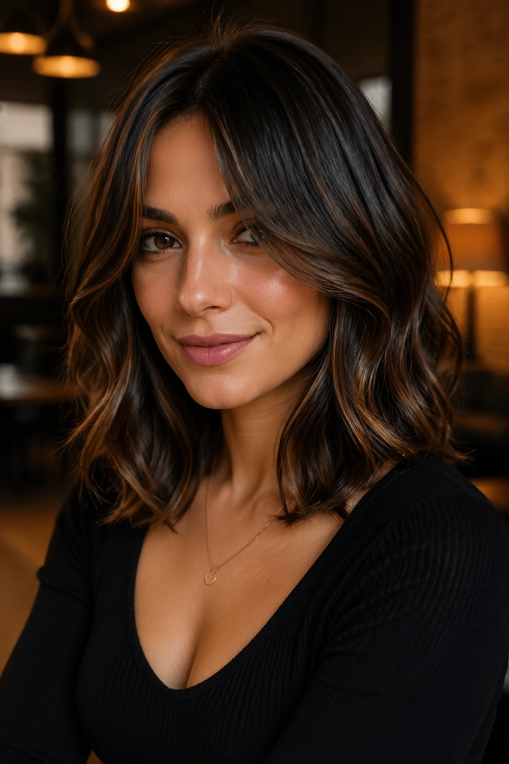 Close-up of a real woman's polished S-waves with long curtain bangs