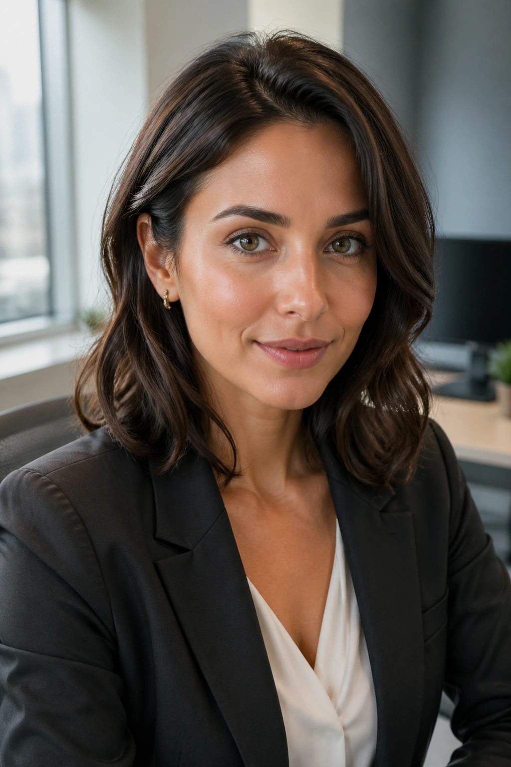 Close-up of a real woman with polished shoulder-length wavy butterfly cut with tucked layers