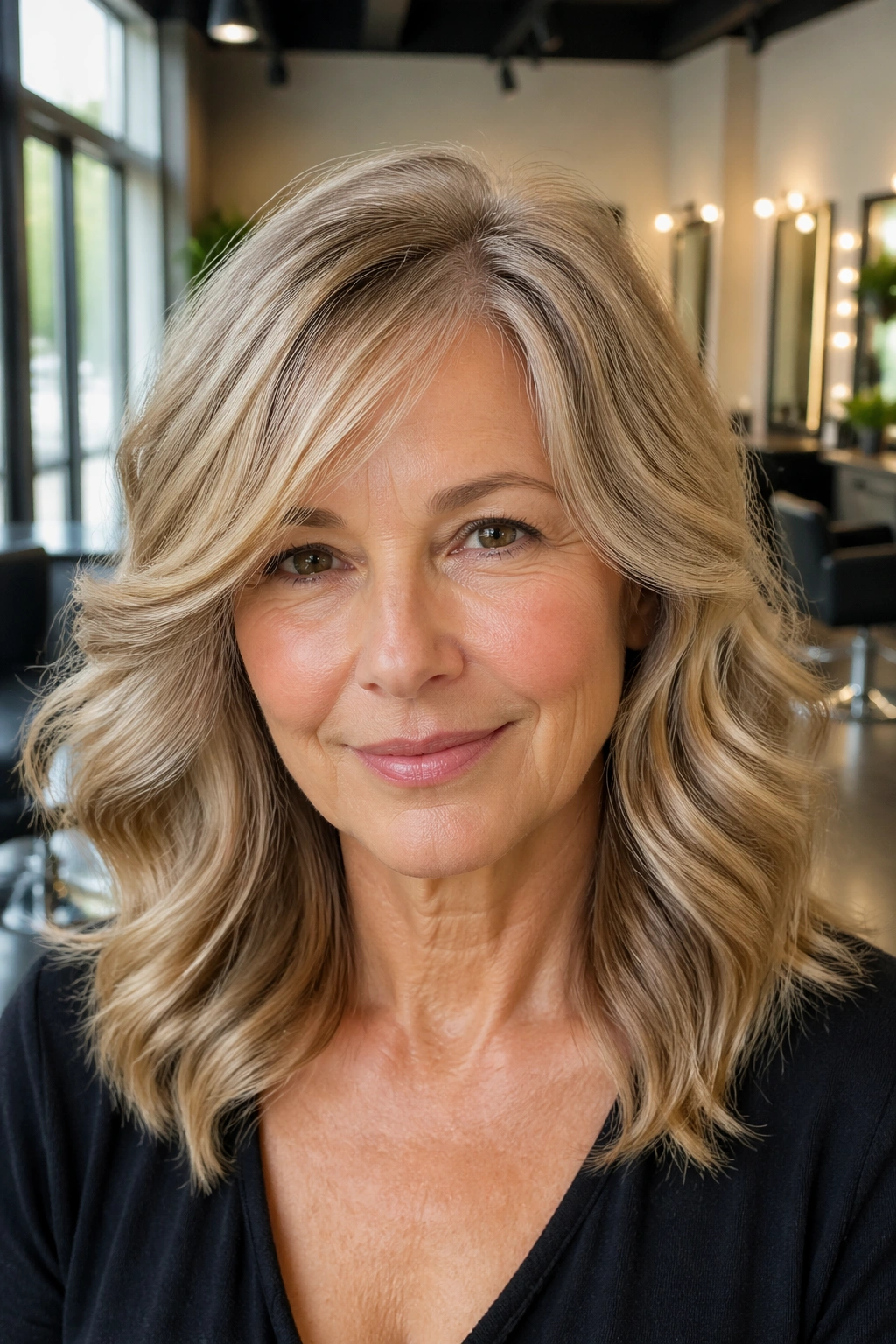 Close-up of a real woman with smooth polished waves on fine hair in a bright salon.