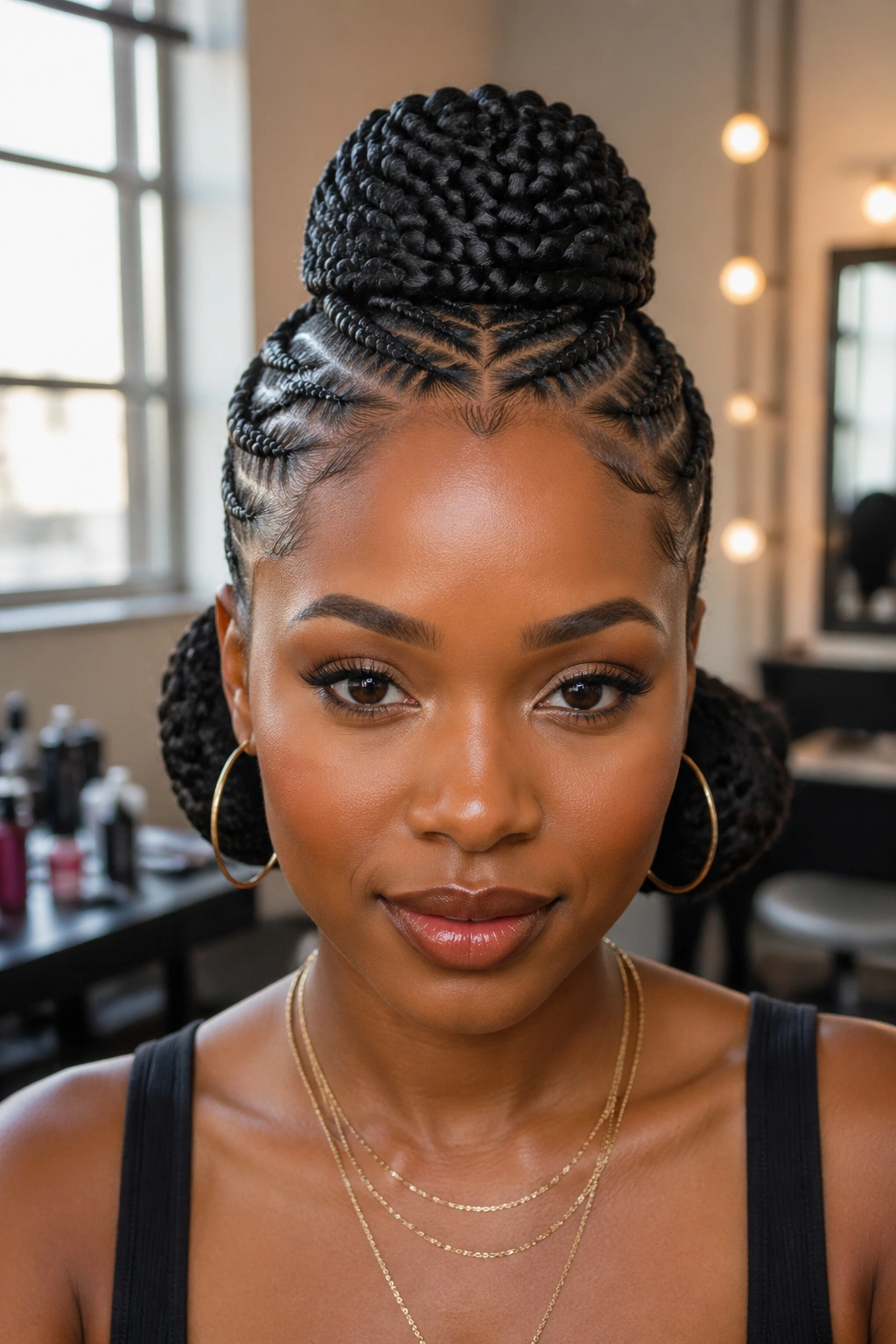Front-facing pompadour with stitch cornrows and a bun at the back