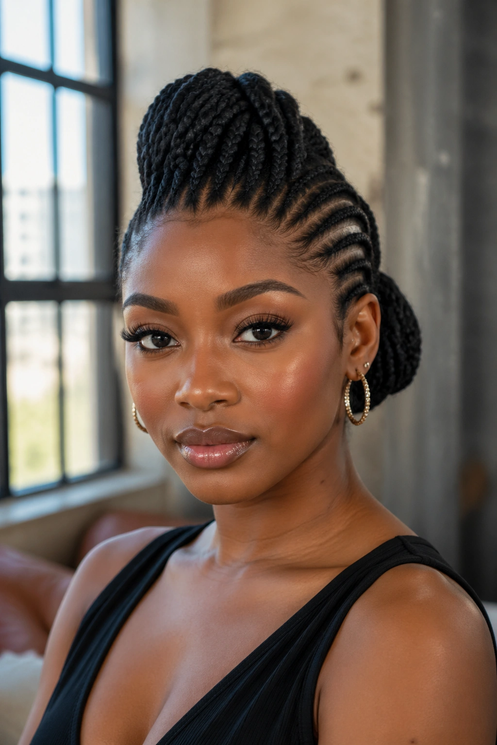 Cornrow pompadour updo with front volume and low back bun