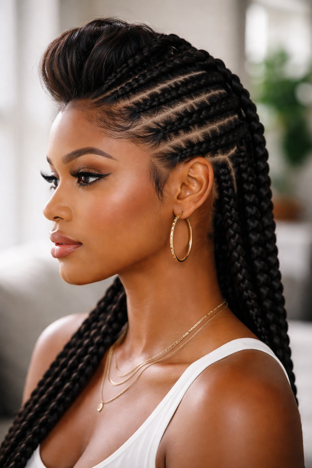 Close-up of six cornrows radiating from a front pompadour on a real person
