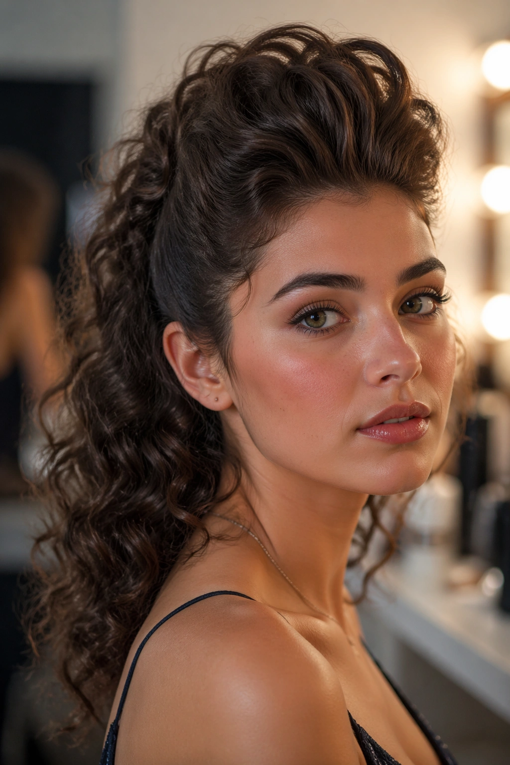 Close-up of a real woman wearing a textured pompadour with loose curls in a backstage dressing room.