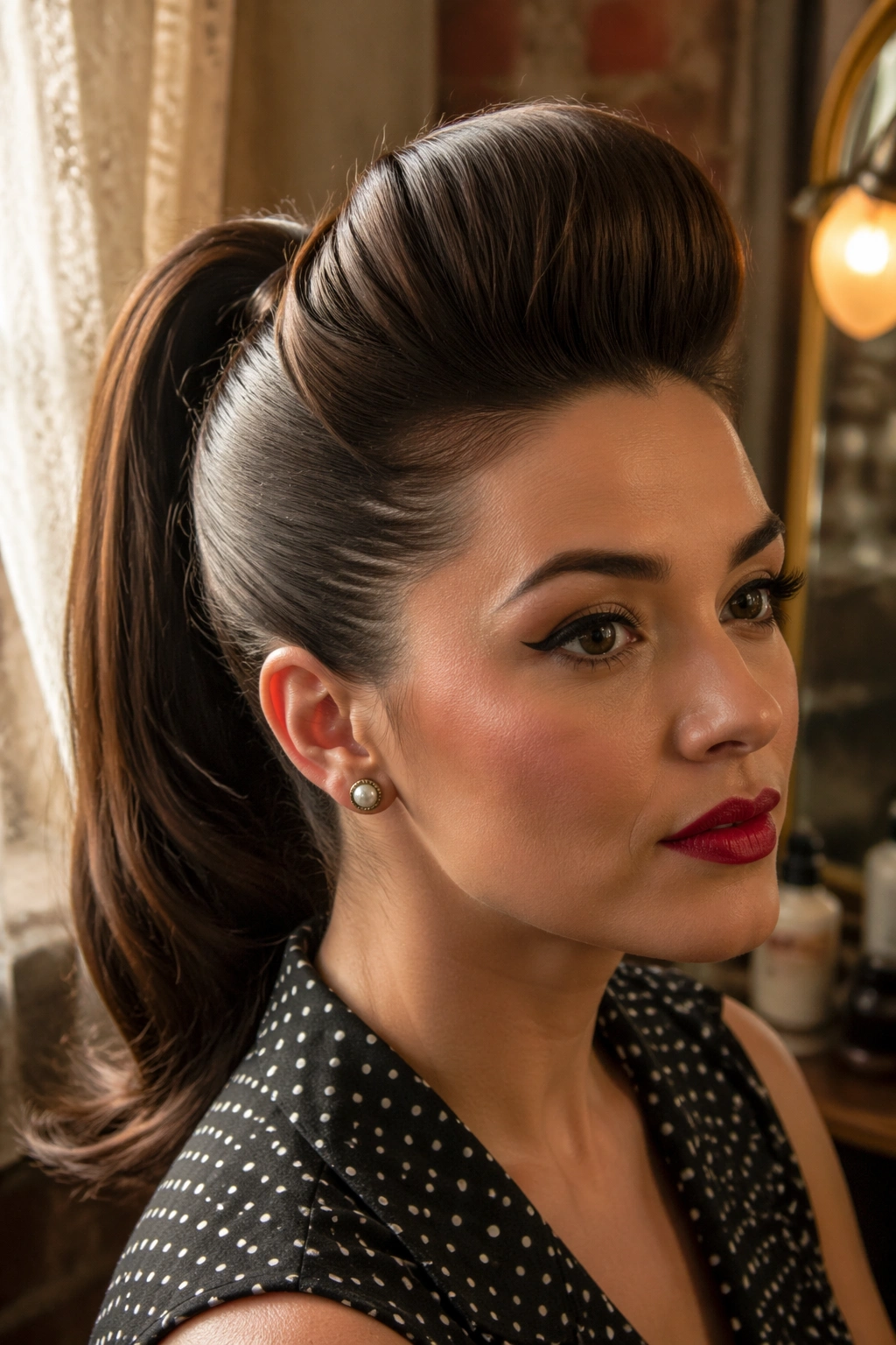 Close-up portrait of a real woman with a high pompadour ponytail and teased front roll