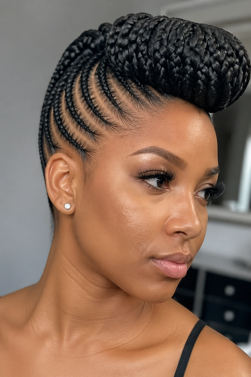 Close-up of a real woman with a full pompadour roll formed by cornrows