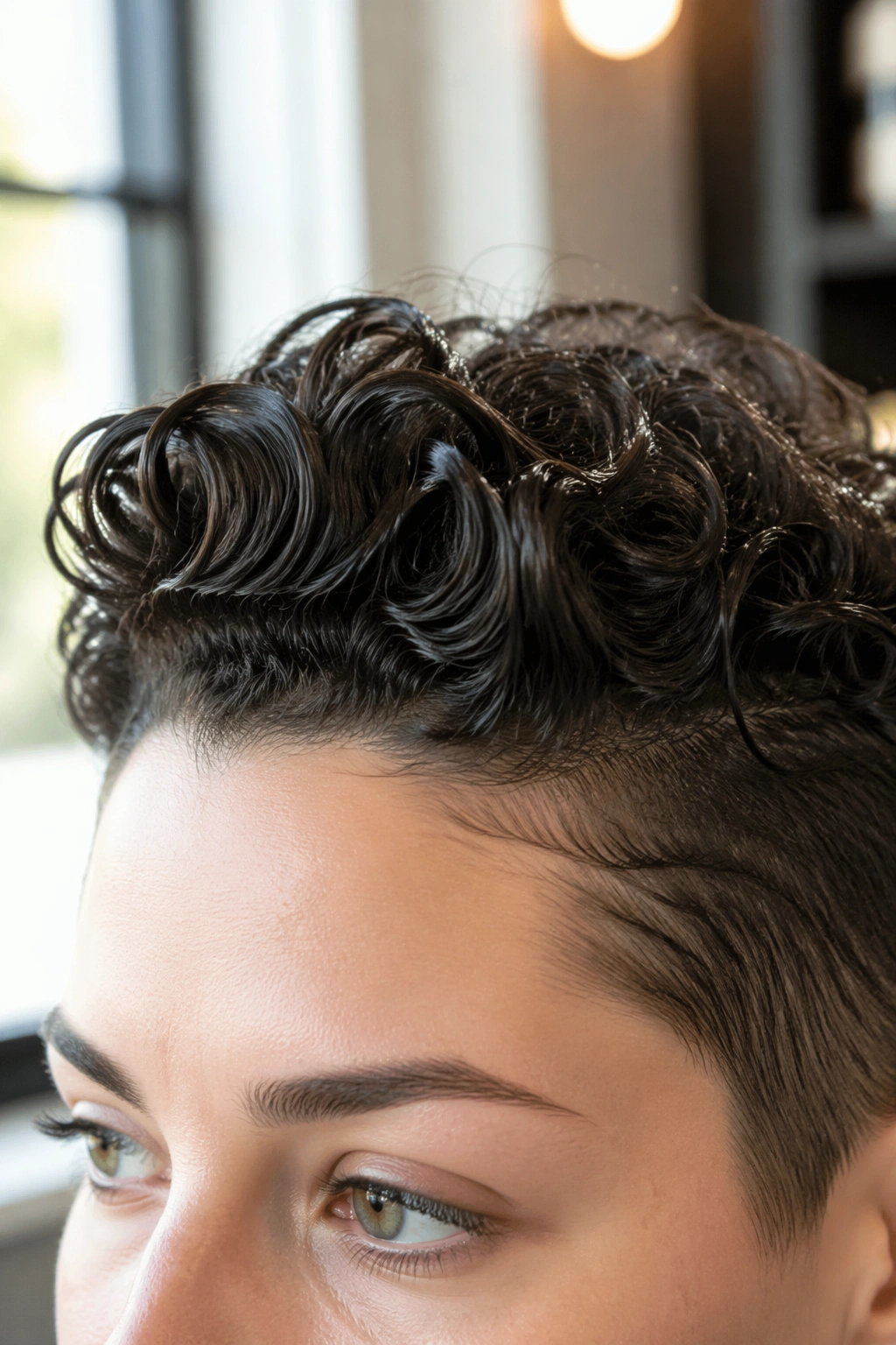 Macro close-up of mini pompadour on short curly hair in soft salon light