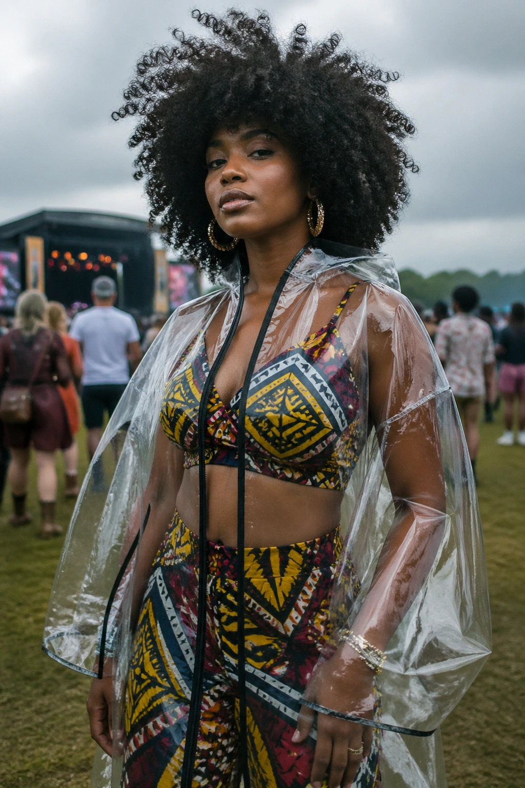 Person wearing a clear poncho over a festival outfit in cloudy light