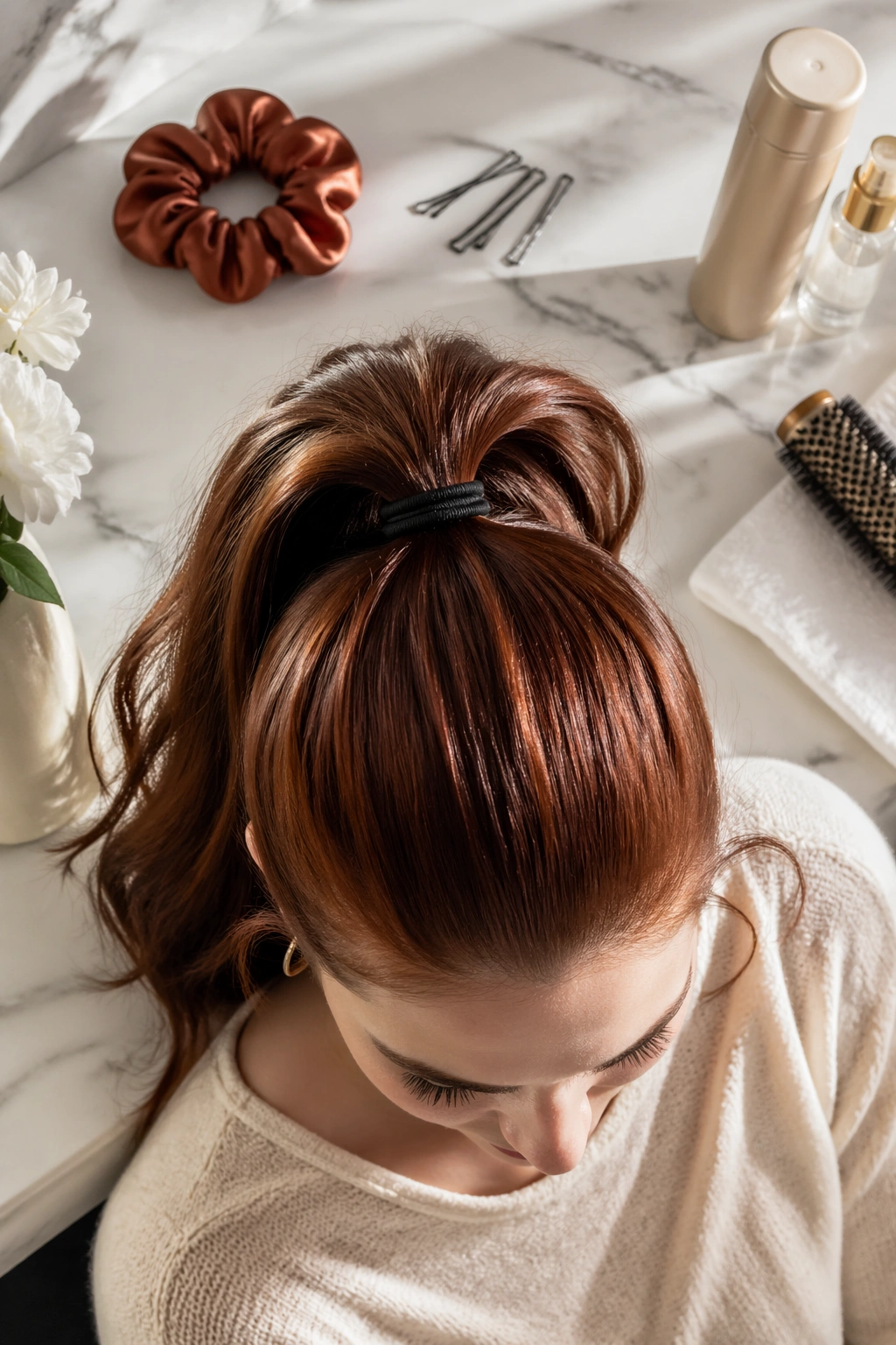 Overhead flat-lay of chestnut red ponytail accessories for busy days.